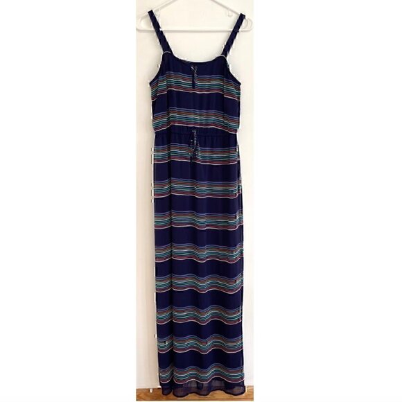GAP Navy Blue Red White Multi Striped Sleeveless Tie Waist Blouson Maxi Dress M - Picture 2 of 12